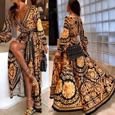Womens Boho V-hals bedrukte zonnejurk lange maxi-jurk voor de zomer