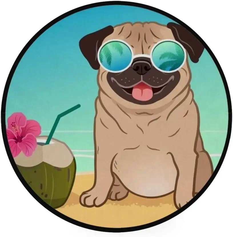 Cute Pug Dog Round Carpet Kawaii Pet Area Rug for Living Room Bedroom Decor Anti-Slip Floor Mat Circle Kitchen Entrance Doormat