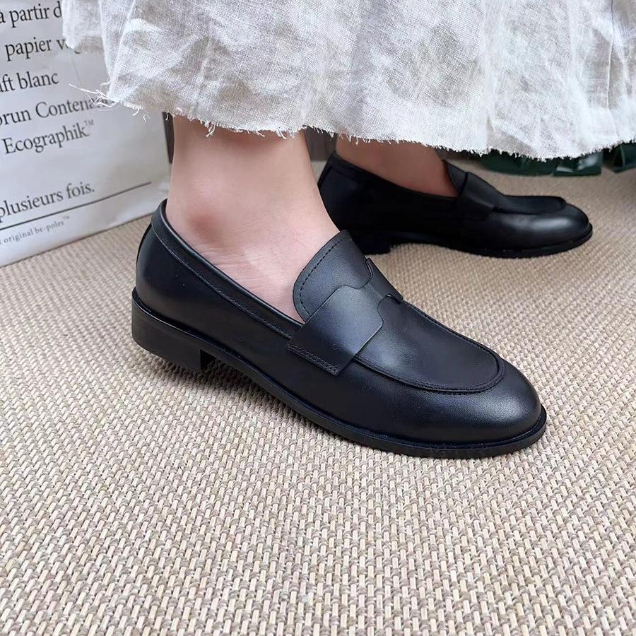 Johnature Retro Echtes Leder Niedrigen Absatz Pumps Frauen Schuhe Runde Zehe Flache Volltonfarbe Bequeme Halbschuhe