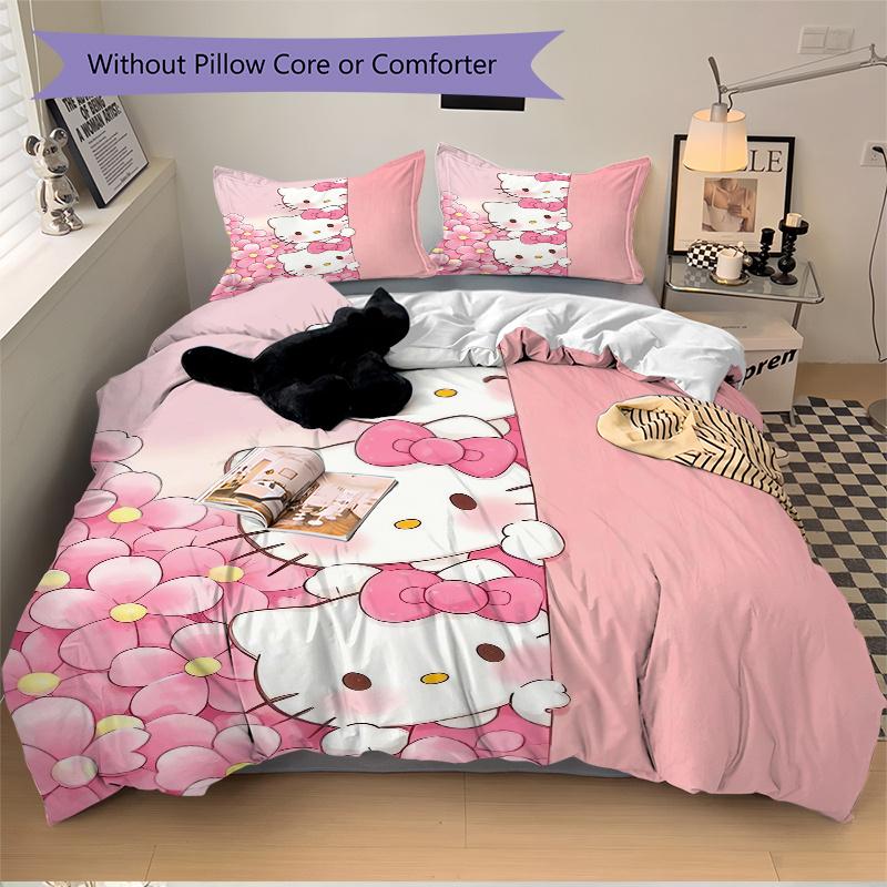 3pcs Three Pink Hello Kitty Design Printed Bedding Set, Soft and Comfortable Quilt Cover for Bedroom, Guest Room (Not Included).W104