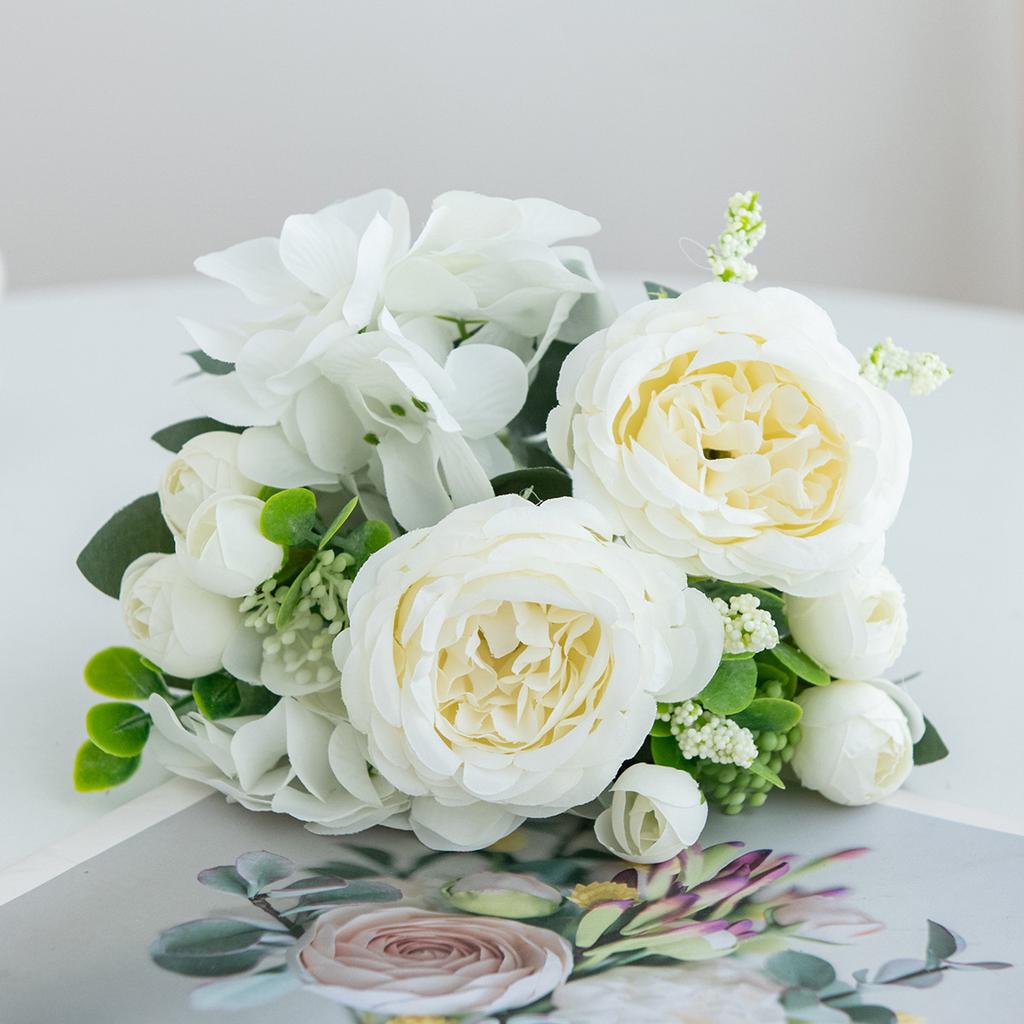White Green Artificial Flower Bouquet, Fake Silk Roses & Peony with Eucalyptus for Home Wedding Decor