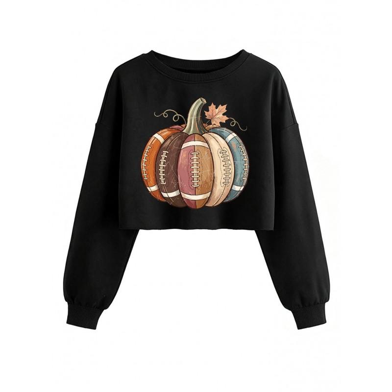 Womens Cropped Sweatshirt Rugby Pumpkin Maple Print Casual Loose Fit Long Sleeve