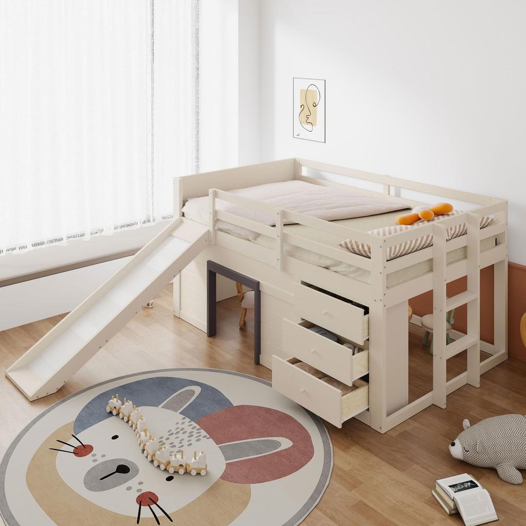Children's Bed 140x200 Functional Bed Loft Bed Slide Storage Space Play Area Wooden Bed Slatted Frame Ladder Fall Protection Pine Cream (without Mattress)