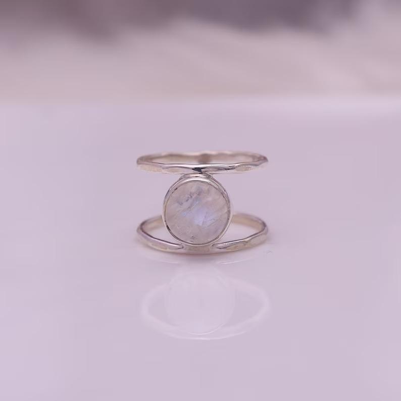 Inel cu piatră prețioasă rotundă cu piatră de lună curcubeu, inel de designer lucrat manual, inel de declarație, argint 925, inel cu piatră de naștere