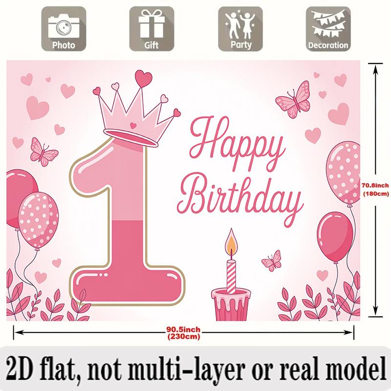 Pink First Birthday Banner, Crown Balloons Backdrop Wall Decor for Party