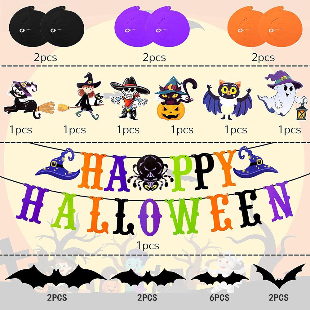 Happy Halloween Alphabet Flag Pumpkin Witch Black Cat Spiral Pendant Bat Sticker Set