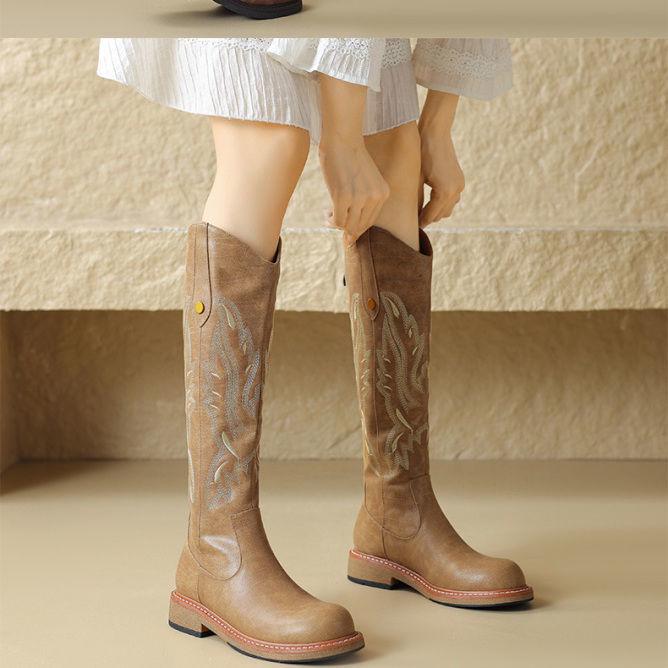 Women s American Retro Embroidered Western Leather Over-the-Knee Cowboy Boots - Brown 40 4940₽