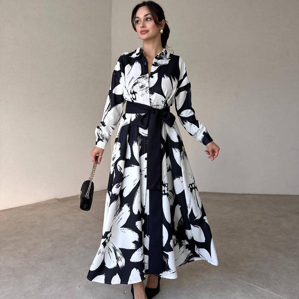 Podzim 2024 Dámské evropské a americké tištěné šaty s dlouhým rukávem, se šerpou a klopovým límcem