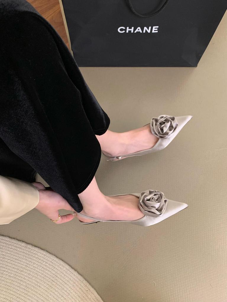 Spring and Summer French Rose Toe Sandals Womens Pointed Shallow High-heeled Shoes Slim Heels Paired with Skirts with Empty Back