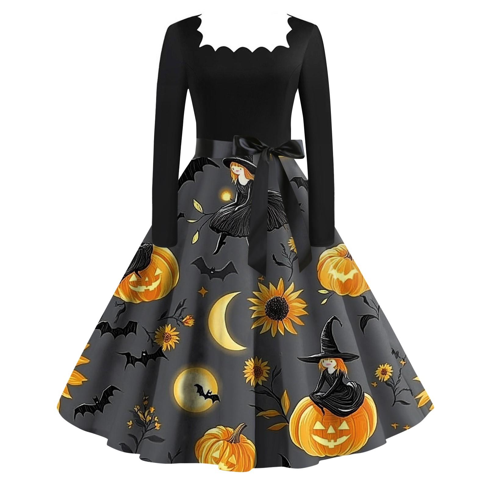 

Women s Fashionable Retro Long-sleeved Square-neck Halloween Printed Evening Dress M оранжевый
