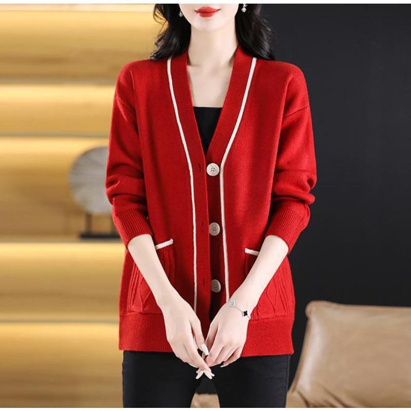 

Casual versatile knitted cardigan women s loose spring and autumn new color matching sweater jacket L бордовый