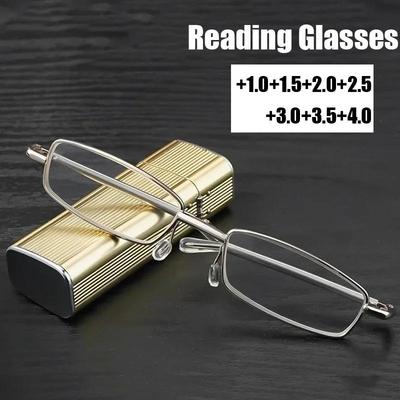Tragbare Mini-Lesebrille zum Zusammenklappen, für Damen und Herren, Luxus-Business-Lesebrille, quadratisch, für Presbyopie, fertige Brillen-Dioptrien mit Etui