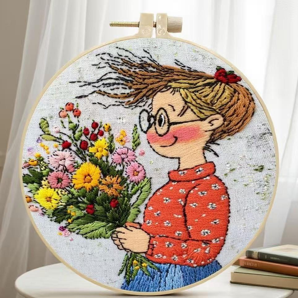 1 Set Cartoon Mädchen Bouquet Handstickerei Materialset, Kreuzstich Anfänger Einfaches Set mit Illustrierter Anleitung und Werkzeugen