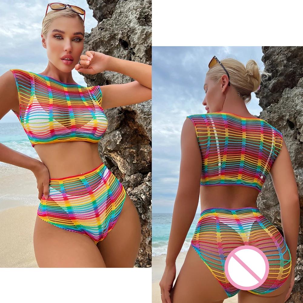 Sexy Rainbow Bodysuits Costume Erotic Fishnet Transparent Seductive Underwear Ladies Mesh Hollow See Through Bodycon Clothes