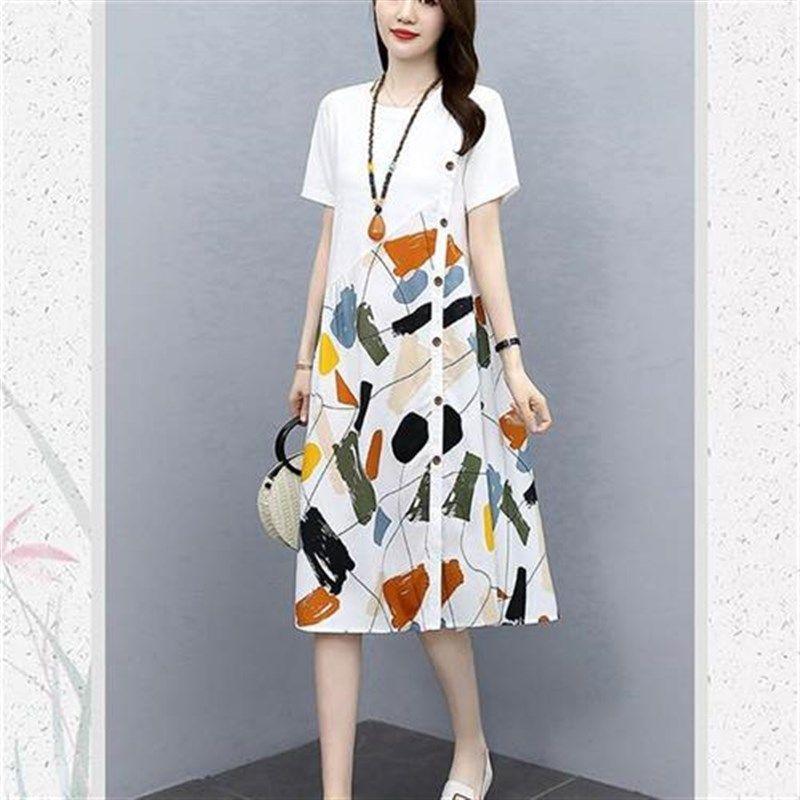 

2023 Summer Women Loose Casual Print plus Size Dress Dresses White M