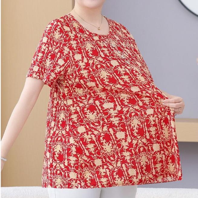 Summer Women's Print Blouse Loose Short Sleeve T-shirt Round Neck Plus Size Blouse 3XL-8XL