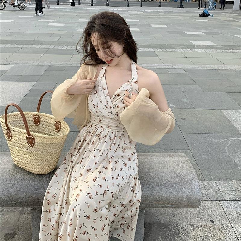 French Platycodon Floral Neck Dress Women's Summer Internet Celebrity New High-end Temperament Waist Sleeveless Long Dress