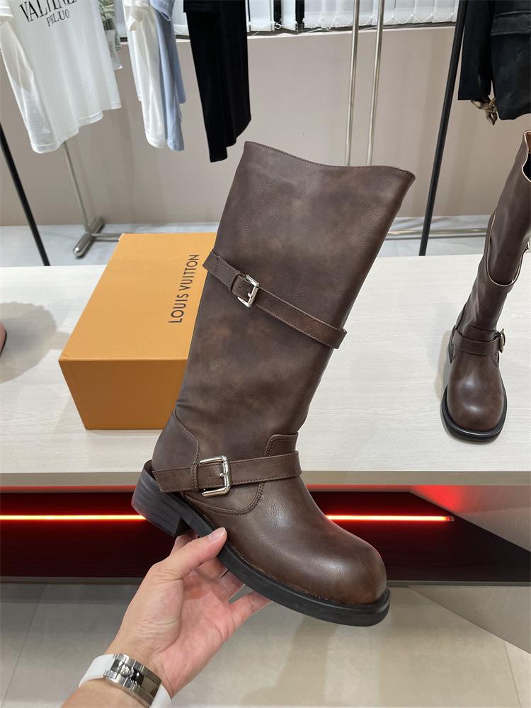 Leather thick-soled round-head retro belt buckle rubbed long boots women's autumn and winter medium and high boots knight boots
