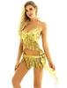 Women Shiny Sequins Tassels Carnival Rave Performance Belly Dance Costume Halter Bra Tops with Hip Scarf Wrap Skirt Set
