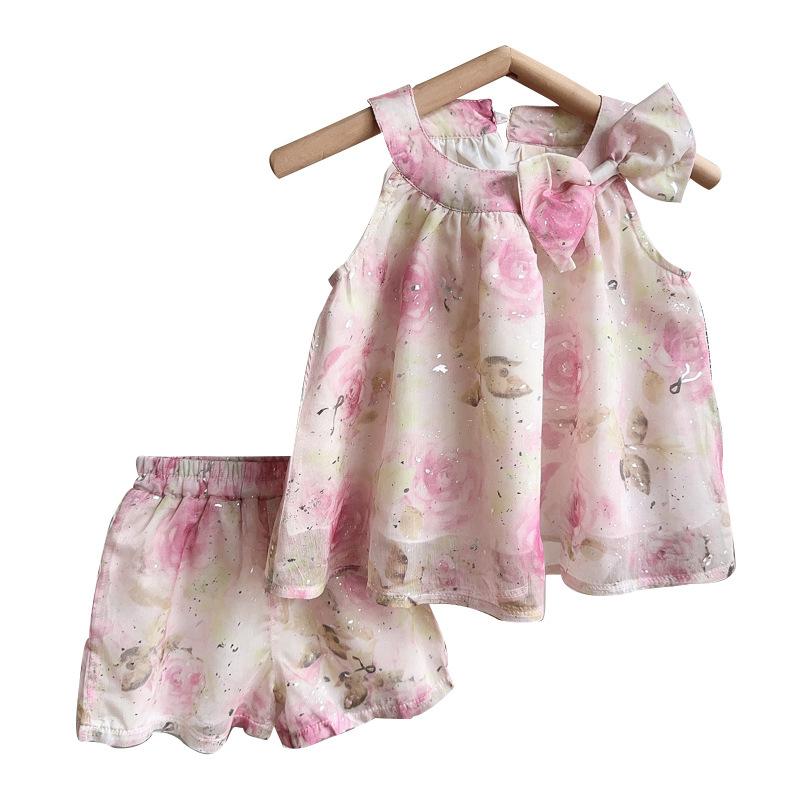 Girls Summer Bow Floral Vest Shirt And Shorts Set Princess Two Piece Outfit For Kids