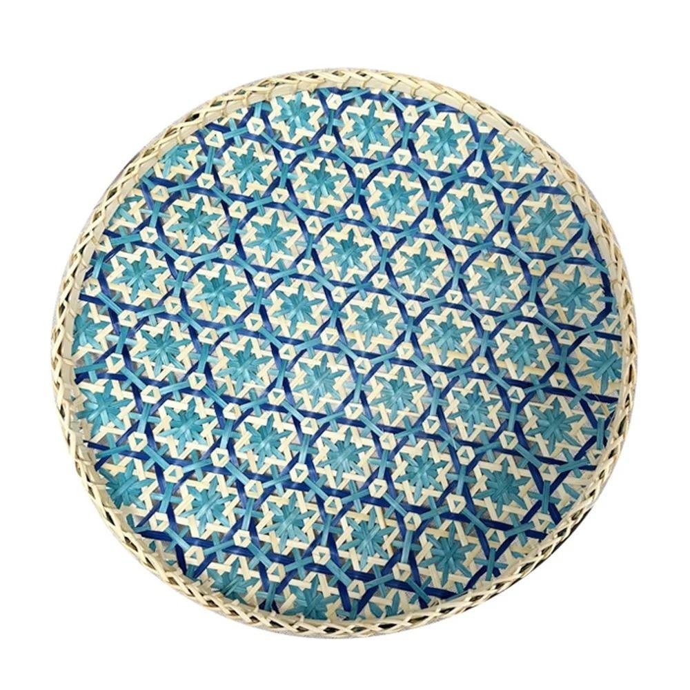 Bohemian Stil Bambus Gewebter Obstkorb Handgewebte Textur Runde Form Handgemachte Bambus Schale Buntes Sieb Haushalt