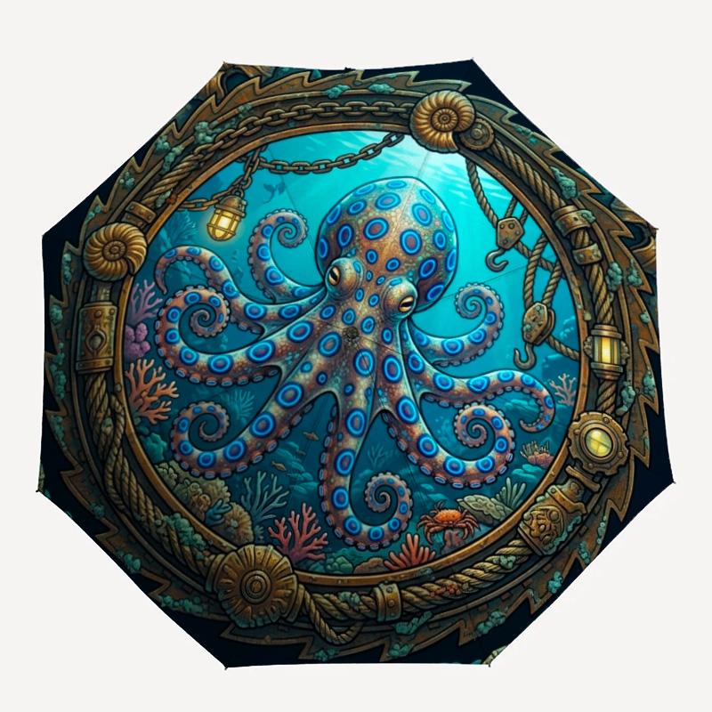 Oceanic Steampunk Octopus pattern umbrella, portable and foldable design, 8 ribs, a casual accessory for Halloween, Christmas, and birthday gifts.