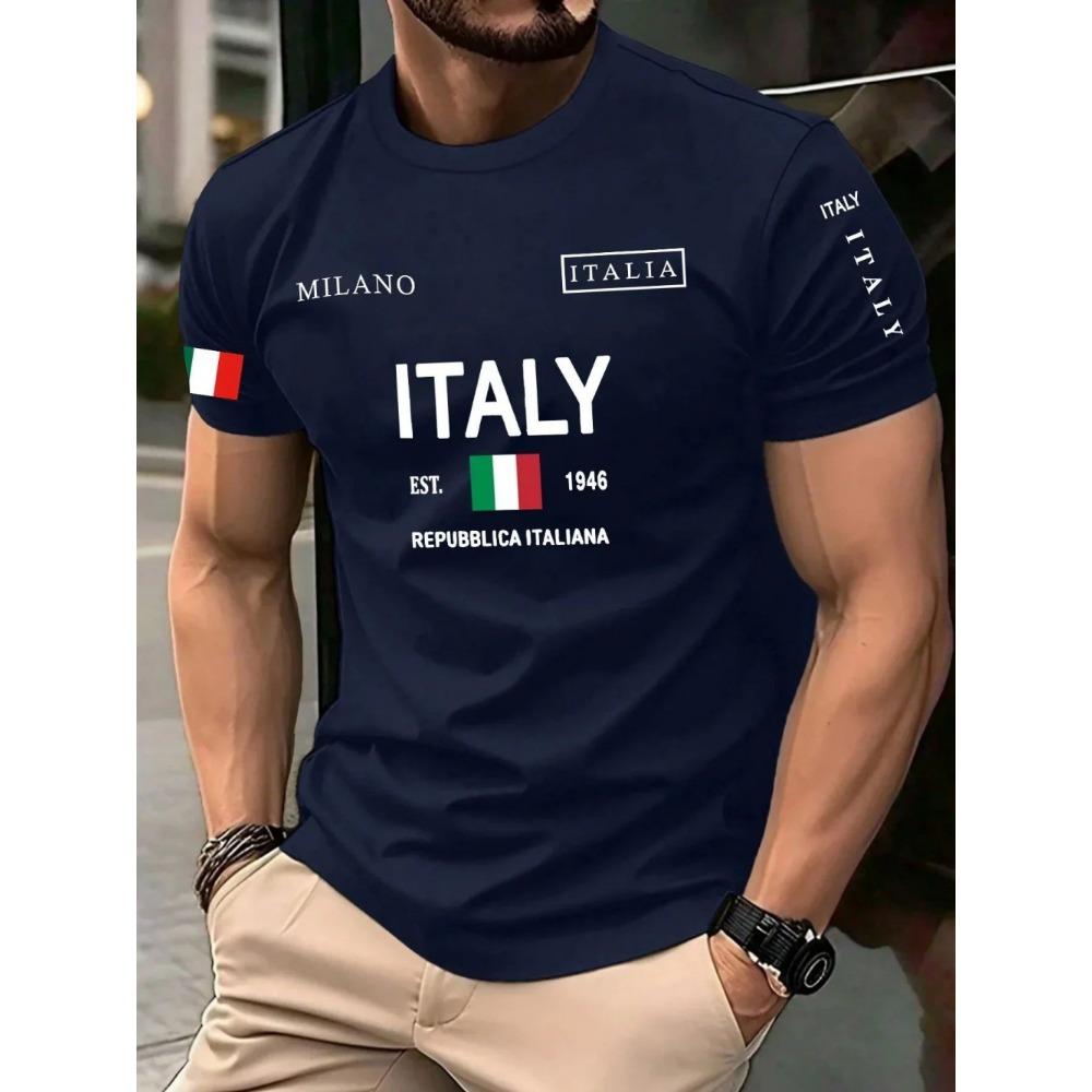 T-shirt estiva da uomo europea e americana con stampa di lettere di Milano, morbida e traspirante, girocollo, top casual da esterno urbano