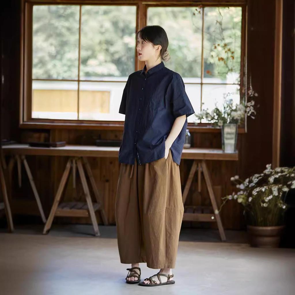 Women's Original Retro Cotton Dark Blue Short-Sleeved Casual Blouse