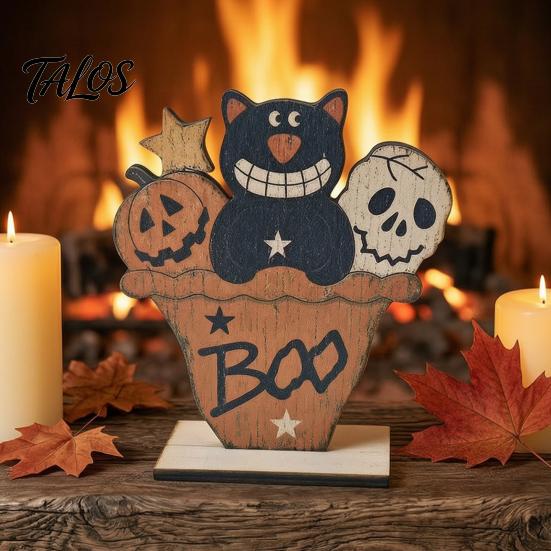 Versatile Room Decorations Cute Halloween Black Cat Pumpkin Skull Decor, Vintage Boo Wooden Sturdy Decorative Accents Signs, Tabletop Decoration