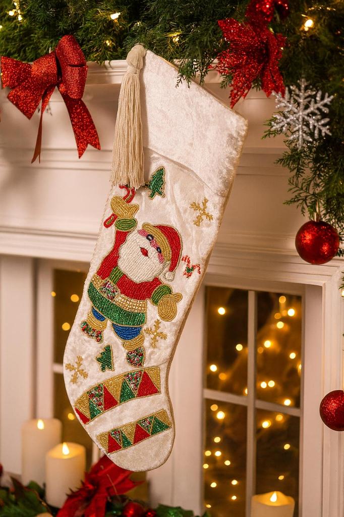 Handmade Beaded Santa Christmas Stocking – 21” Large Velvet Holiday Decor Fireplace Stocking Santa Claus Christmas Decoration & Gift Bag