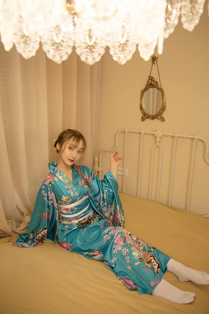 Joel Kimono Robe Dress Floral Pattern Courtesan Costume Satin Yukata Long Length Bathrobe Pajamas Night Dress Summer Festival Dancewear with Belt
