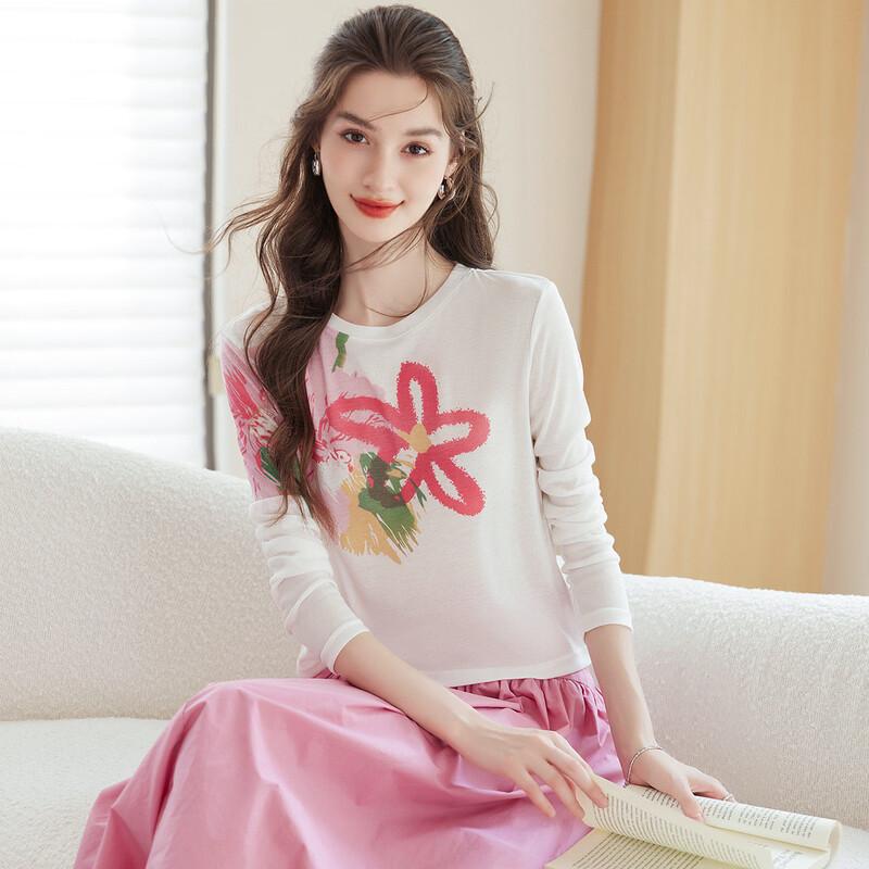 Bailuyu Women s Sweet Floral Print Knitted Long Sleeve T-Shirt L