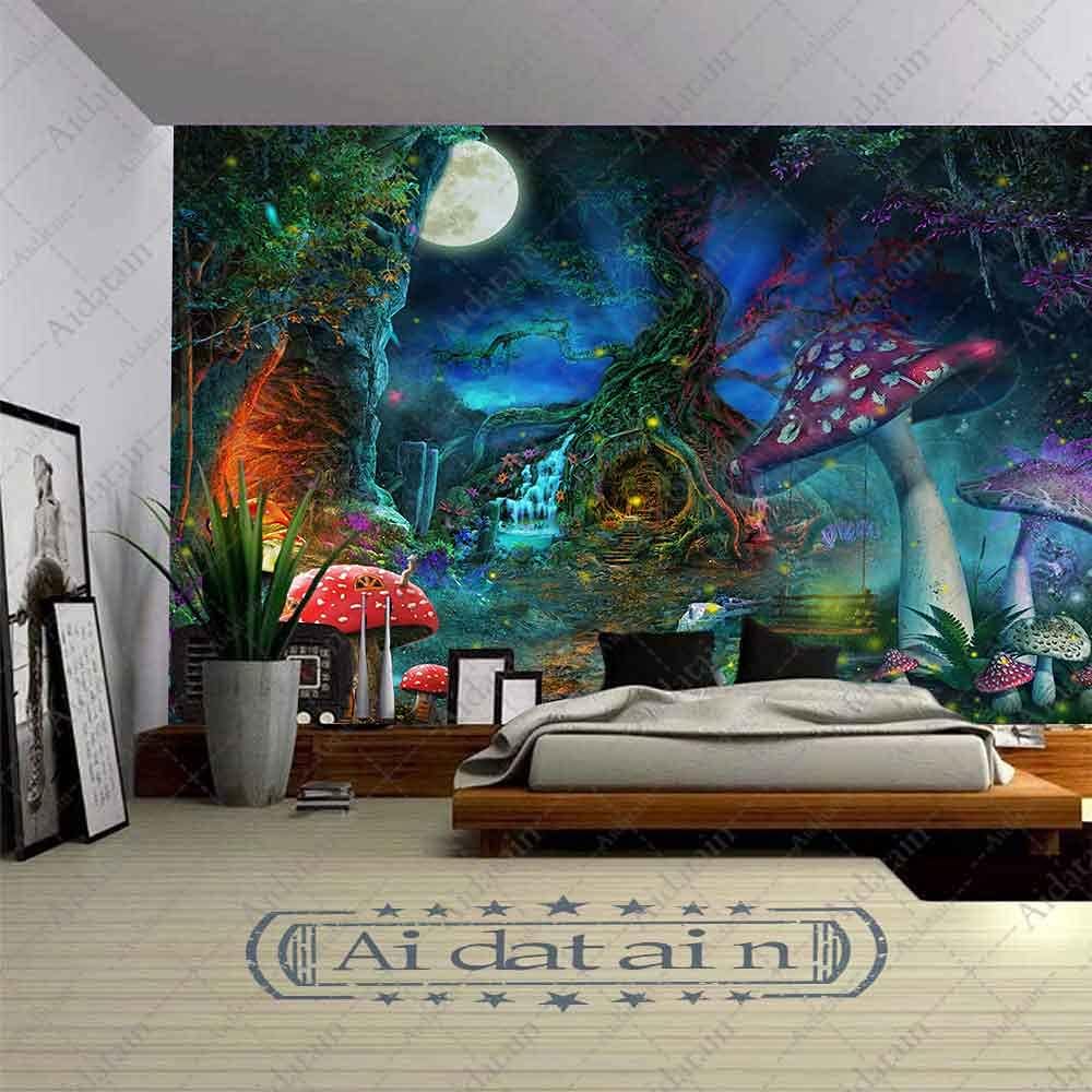 Fantasy Mushroom Forest Tapestry for Teen Girl Magical Tree of Life House Full Moon Wall Hanging Fairy Tale World Tapestries