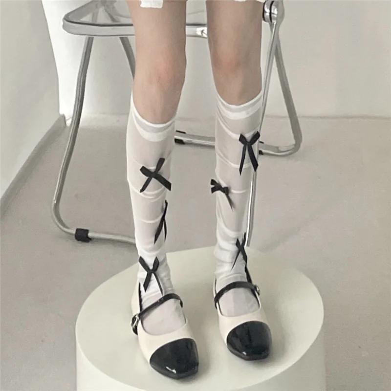 Women Sexy Ribbon Bow Socks Long Tube Knee High Lolita White Stockings Thin Piles of Socks Section Mesh Pure Desire Lace Hosiery