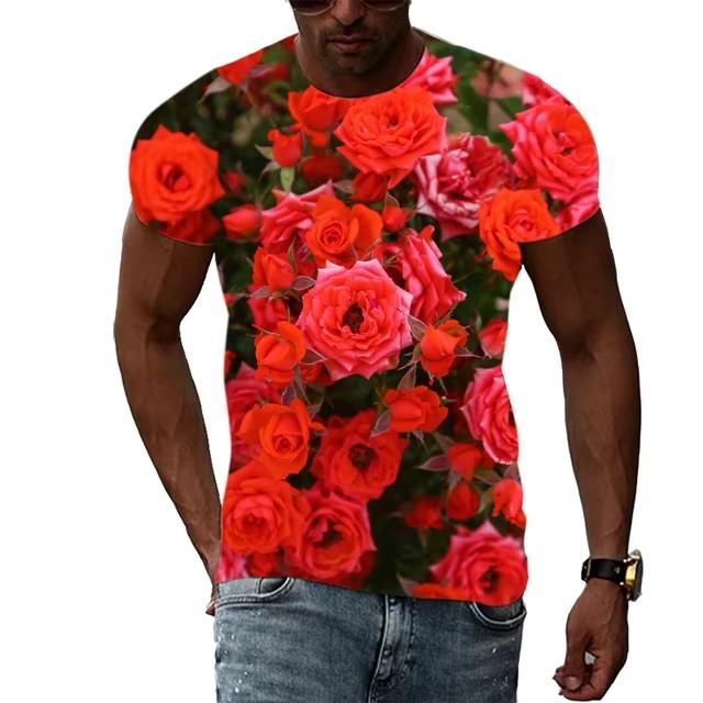 Summer Rose Pattern T-shirt for Men In Large Size Fashionable and Casual Personalized Round Neck Printed T-shirt