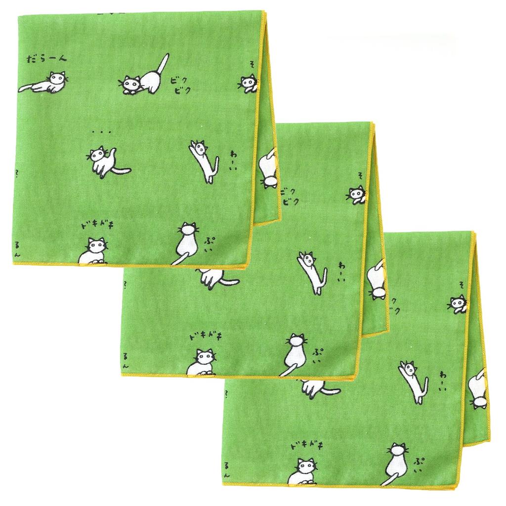 Set of 3 Gauze Cat Matcha Green Made In Iroha Mameo Series Handkerchiefs, Design, Tea, Japan, 100% Cotton, 35x35cm,