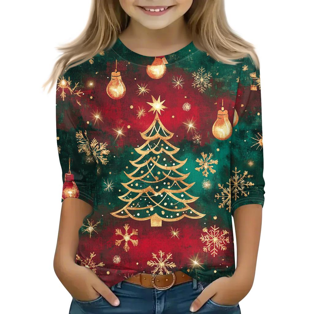 Christmas Day Print Tops For Youth Girls 5-16 Years Round Neck 3/4 Sleeves T-Shirts Trendy Tops Outfit Tees
