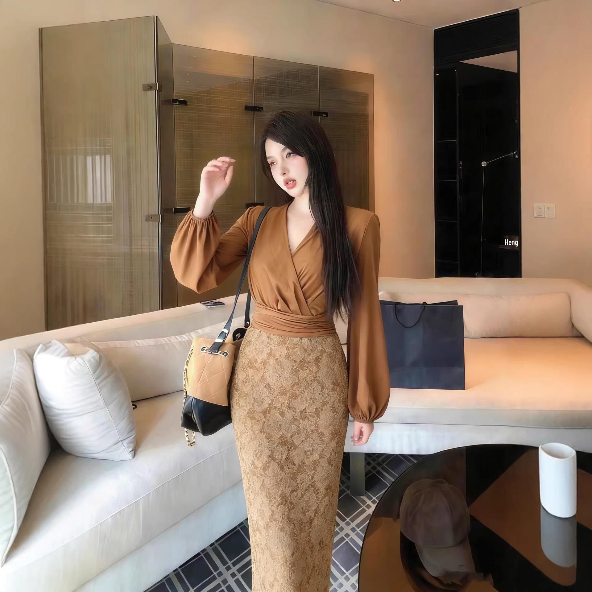Elegant French Lantern Sleeve V-neck Lace Slim Fit Waist Long Slit Dress L коричневый/хаки