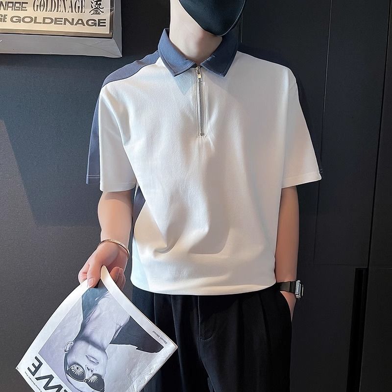 Herrenbekleidung Gespleißte T-Shirts Umlegekragen Stilvoller Reißverschluss Sommer Kontrastfarben Basic Lässig Kurzarm Poloshirts
