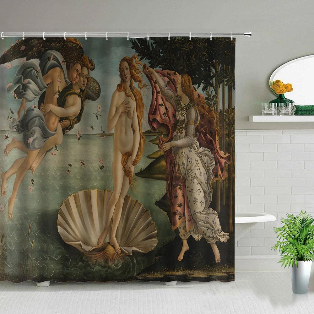European Style Religious Oil Painting Shower Curtains Art Bathroom Decoration Waterproof Bathtub Home Decor Cloth Curtain Set