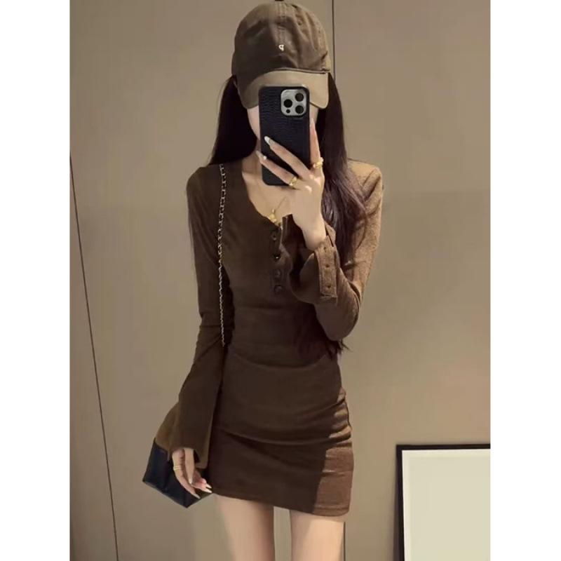 New half-button retro long-sleeved dress for women, waist and thin, sexy slim-fitting hip-wrapped short skirt