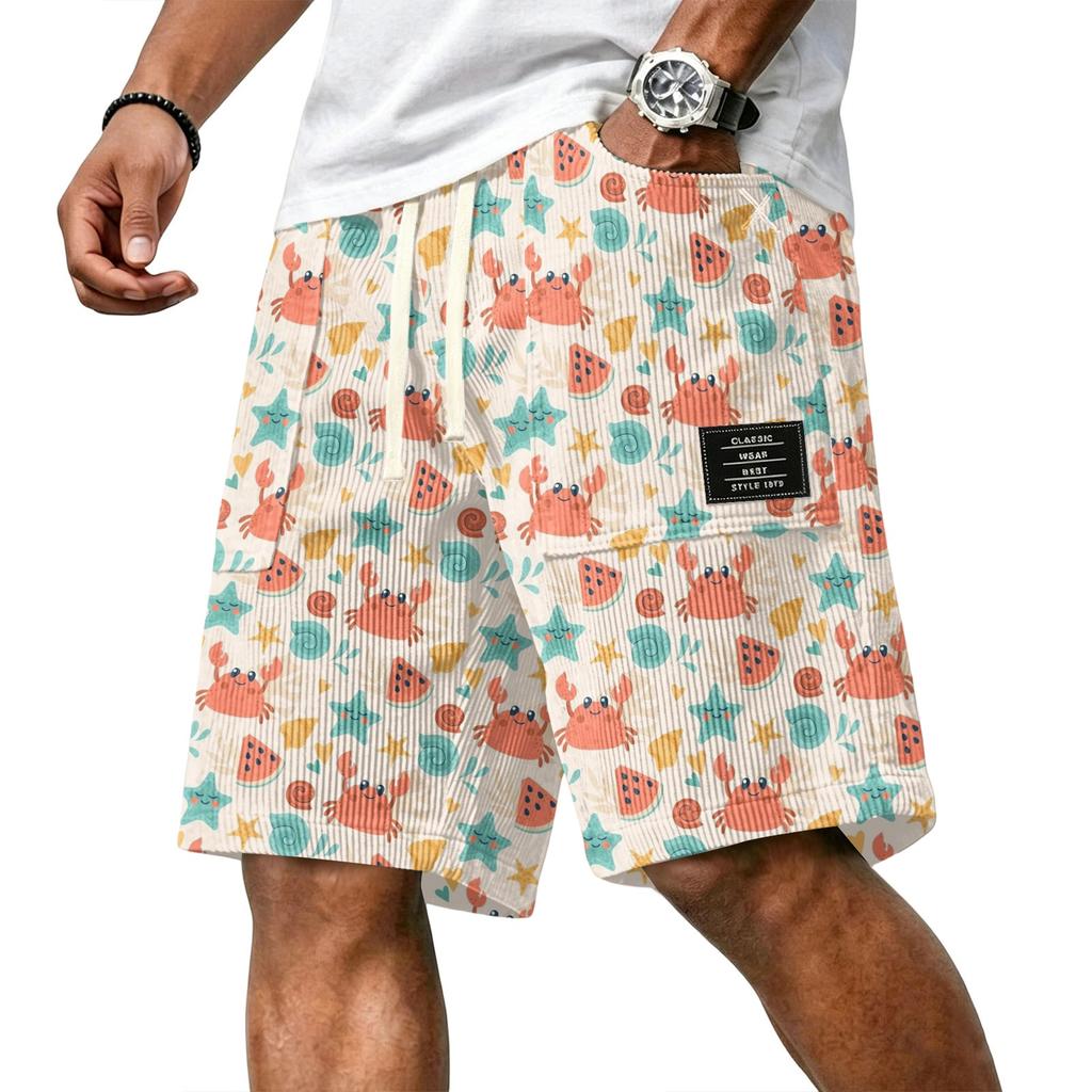 Men Casual Corduroy Drawstring Shorts Hawaiian Style Lightweight Breathable Beachwear with Pockets Comfortable Fit