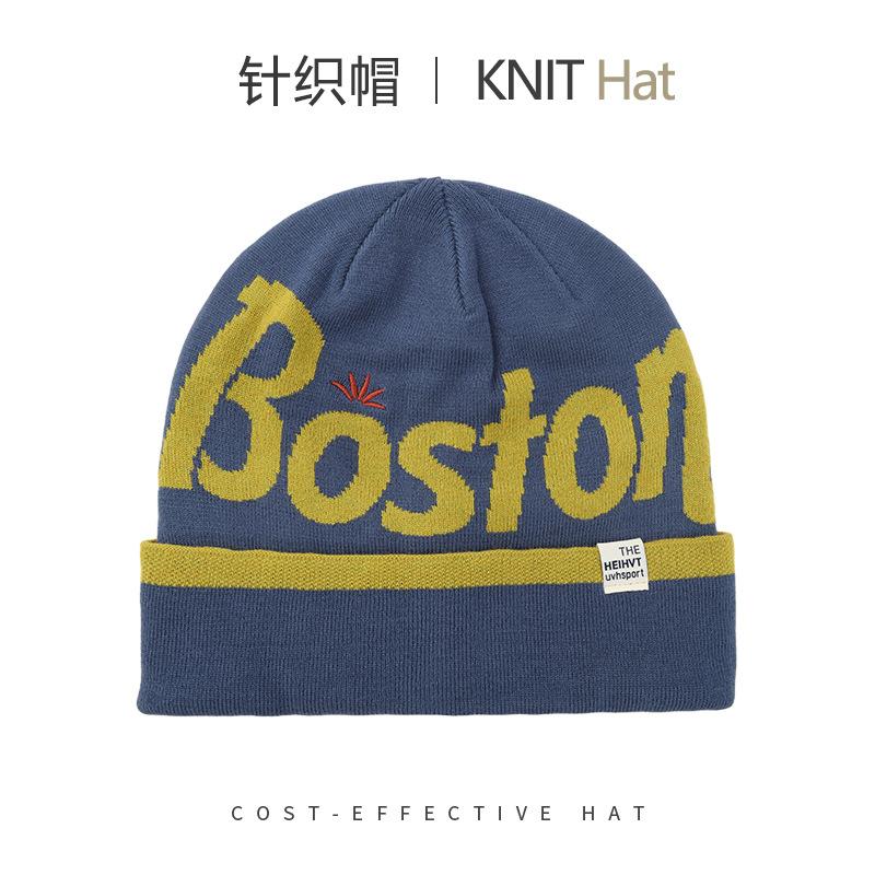 Fashion knitted hats men's and women's autumn and winter warm ear protection letter cold hat outdoor versatile big head circumference wool hat