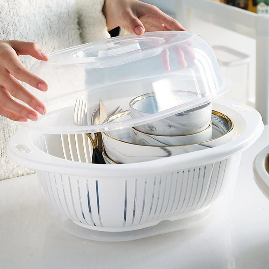Dvouvrstý odkapávací koš s průhledným víkem Koš na mytí zeleniny a ovoce Organizér pro