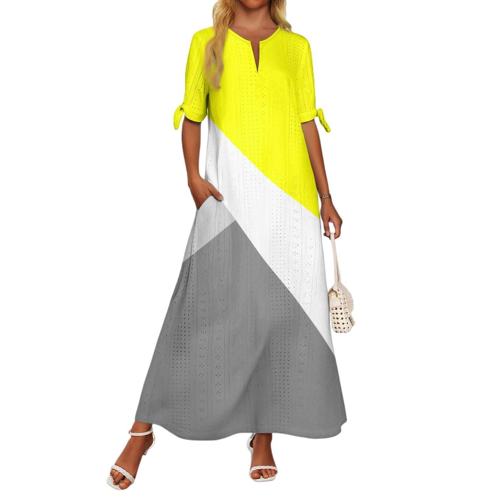 

Ladies Casual Fashion Temperament Elegant Waist Patchwork Print Long Dress M жовтий
