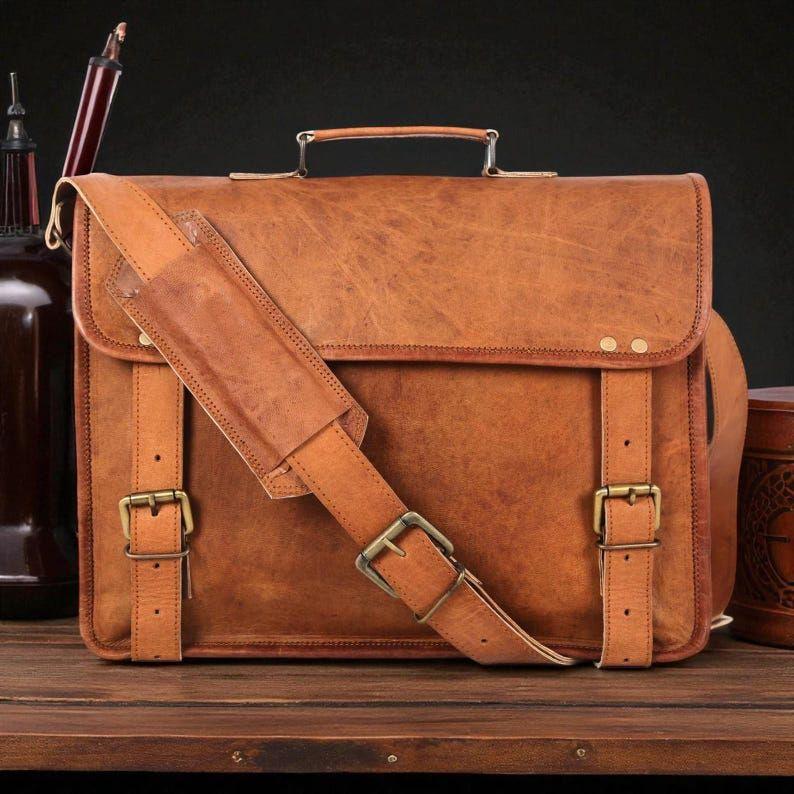 Handmade Leather Messenger Briefcase – Full Grain Laptop Bag with Brass Buckles, Dual Compartments, Cushioned Wall & Detachable Strap