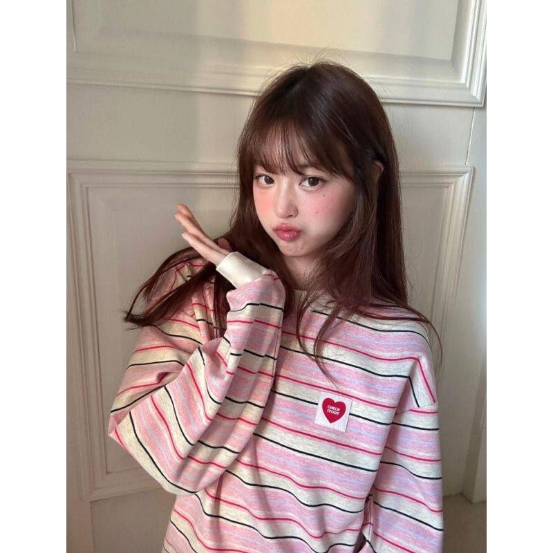 

Korean-Style Sweet Striped Round-Neck Long-Sleeve T-Shirt for Women, New Autumn Model, Loose Fit, Slimming, Lazy Style, Color-Blocking Versatile Top Pink S
