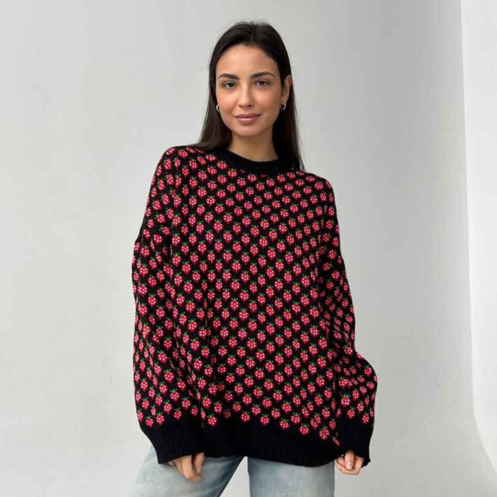 

Осенне-зимний женский джемпер с жаккардовым рисунком клубника , с круглым вырезом, свободный пуловер, с принтом, удобный вязаный топ-поддева L