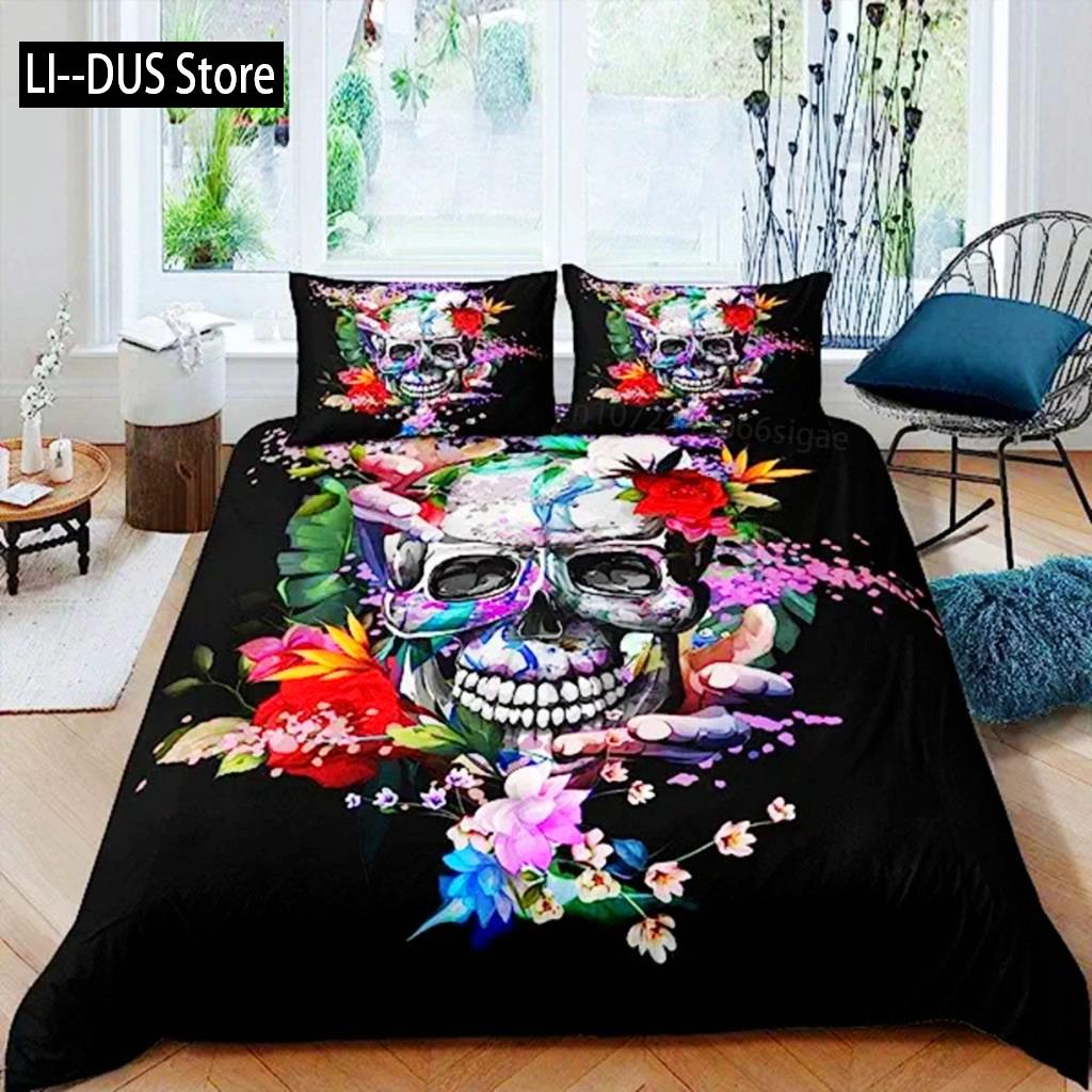 Sugar Skull Duvet Cover Teen Girl Bedding Set Sugar Skull Decor Bedding Skull Skeleton Roses Floral Print Duvet Cover Decorative