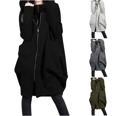 Women Casual Fashion Fall/Winter Solid Color Loose Jacket Hooded Pocket Zipper Coat